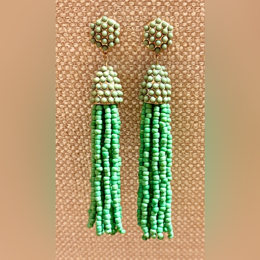 Vintage Green Beaded Tassel Drop Earrings